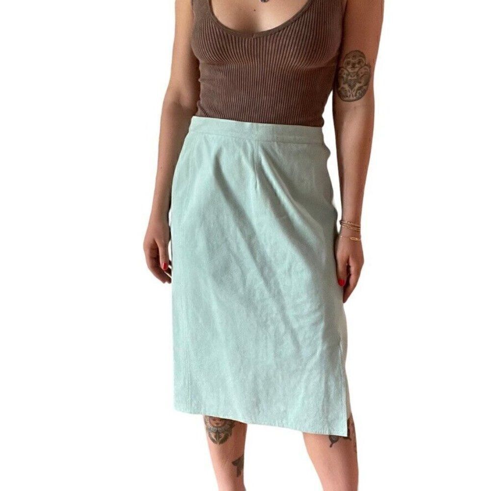 Vintage 1960s Womens St. Croix Pale Blue Suede Leather Preppy Pencil Skirt Sz M